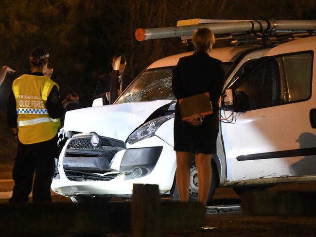 The vehicle which allegedly crashed into a RBT site at Leumeah, seriously injuring two police officers on February 16. Picture: Gordon McComiskie