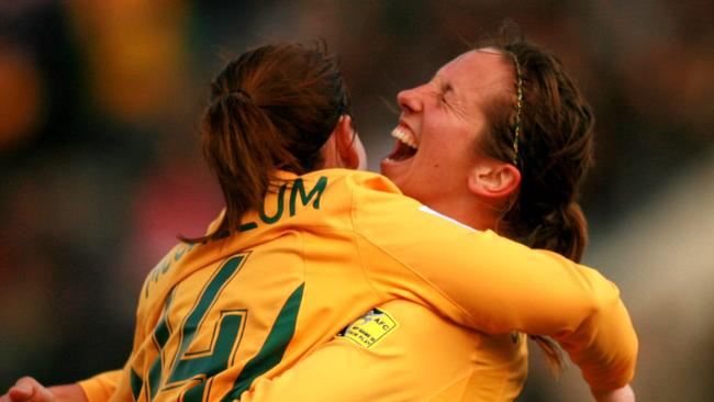 Matildas’ Collette McCallum with Sally Shipard in 2006 at Hindmarsh Stadium in the AFC women’s Asian Cup final — the last time SA hosted a major soccer event for women.