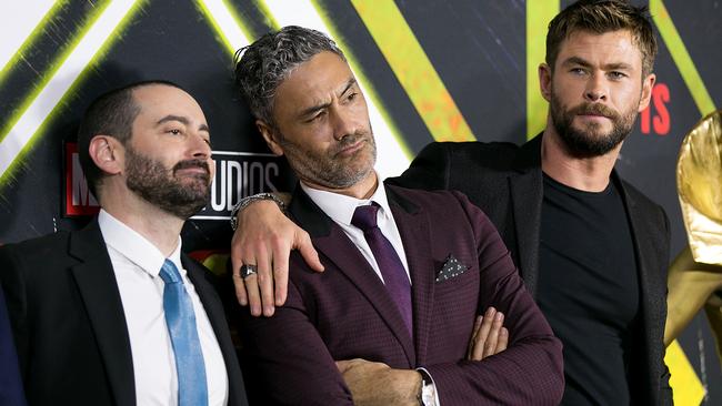 Marvel Studios producer Brad Winderbaum, Taika Waititi and Chris Hemsworth pictured in Sydney. Picture: Getty