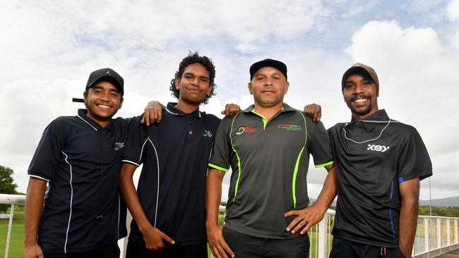 North Queensland Cowboys legend and On Common Country ambassador and mentor Matty Bowen with successful graduates Clinton Pearson, Cody Courtney and Jade Fraser. Picture: Evan Morgan