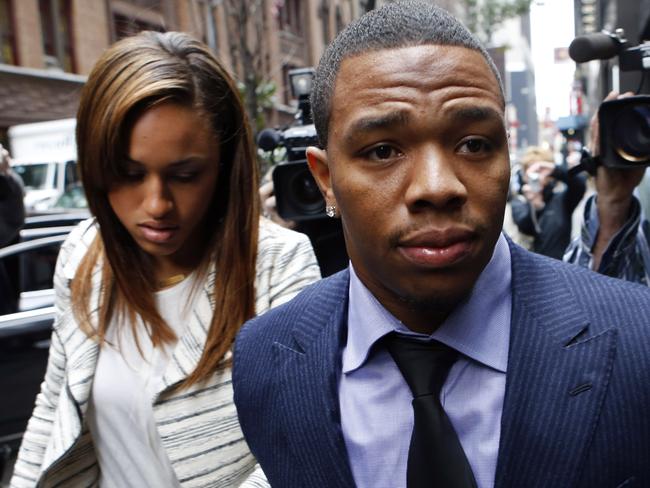 FILE - In this Nov. 5, 2014, file photo, Ray Rice arrives with his wife Janay Palmer for an appeal hearing of his indefinite suspension from the NFL in New York. Rice has won the appeal of his indefinite suspension by the NFL, which has been 