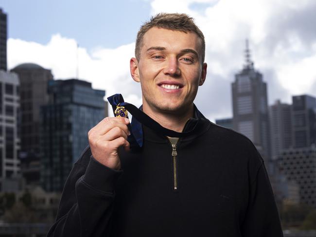 MELBOURNE, AUSTRALIA - SEPTEMBER 19: Patrick Cripps of the Carlton Blues poses during a media opportunity after winning last night's Brownlow Medal, at Crown Entertainment Complex on September 19, 2022 in Melbourne, Australia. (Photo by Daniel Pockett/Getty Images)