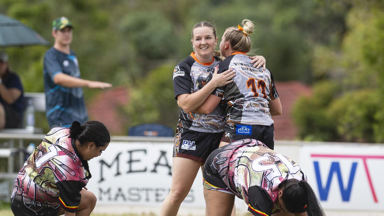 William Taylor Memorial players celebrate a try against Toowoomba Warriors in the Warriors Reconciliation Carnival women's games hosted by Toowoomba Warriors at Jack Martin Centre, Saturday, January 18, 2025. Picture: Kevin Farmer