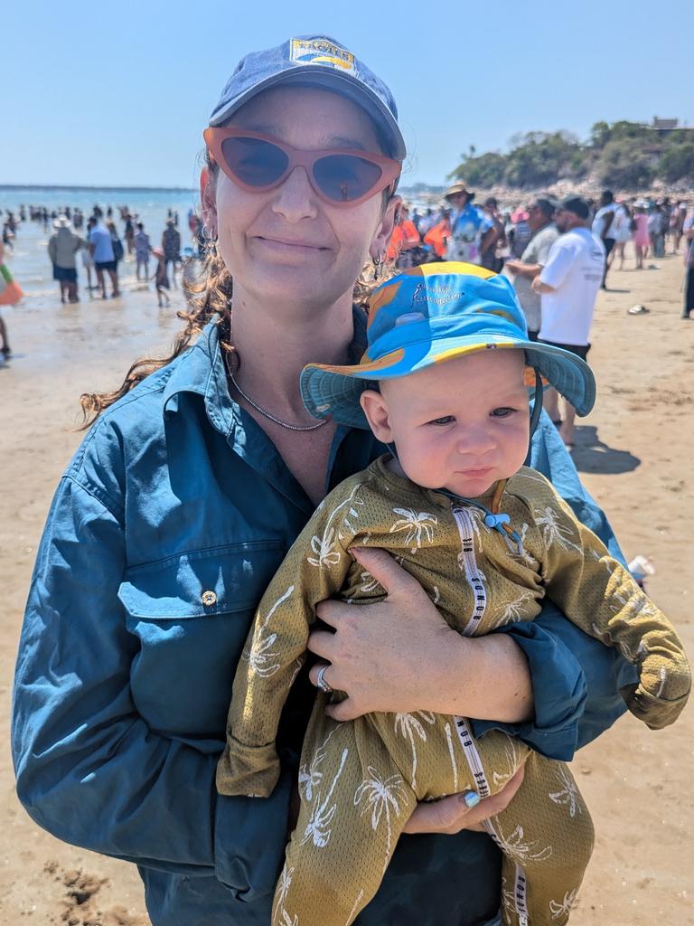 Amy Symes with son Finn at Finn's first ever Darwin Lions Beer Can Regatta, August 18, 2024. Picture: Alex Treacy