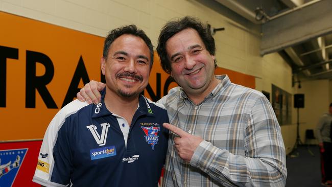 Sam Pang and Mick Molloy at the 2016 EJ Whitten footy game.