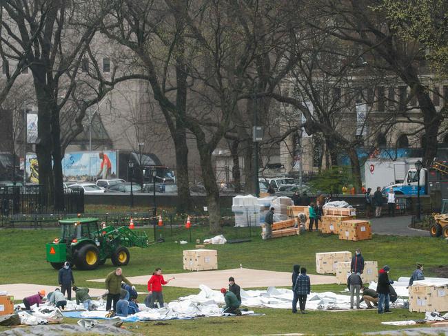 Workers set up a field hospital in front of Mount Sinai West Hospital inside Central Park. Picture: AFP