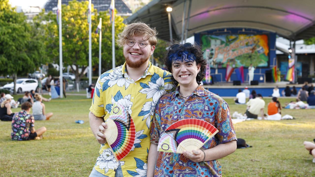 Andrew Piccone and Phynn Macfarlane attend the Cairns Pride Evening of Light at Forgarty Park on Sunday, part the 2023 Cairns Pride Festival. Picture: Brendan Radke