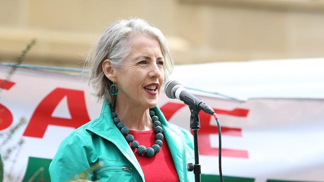 Greens MP Rosalie Woodruff talks at the Save Swift Parrots Rally at Parliament Lawns. Picture: Zak Simmonds