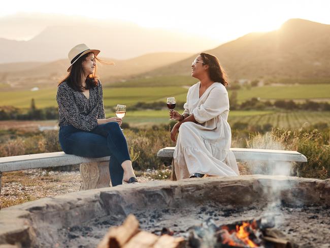 Shot of two women drinking wine while sitting by a fire pit