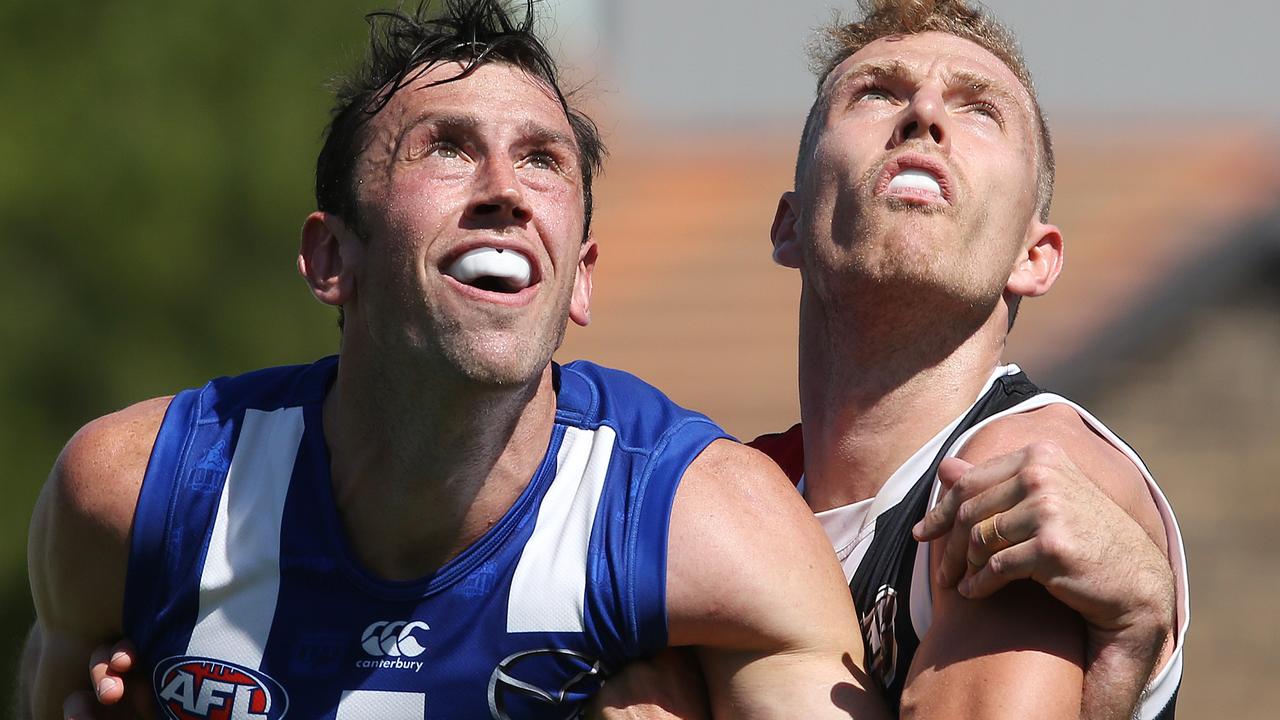 Todd Goldstein and Callum Wilkie do battle in the ruck during the North Melbourne v St Kilda JLT Series clash. Picture: Michael Klein