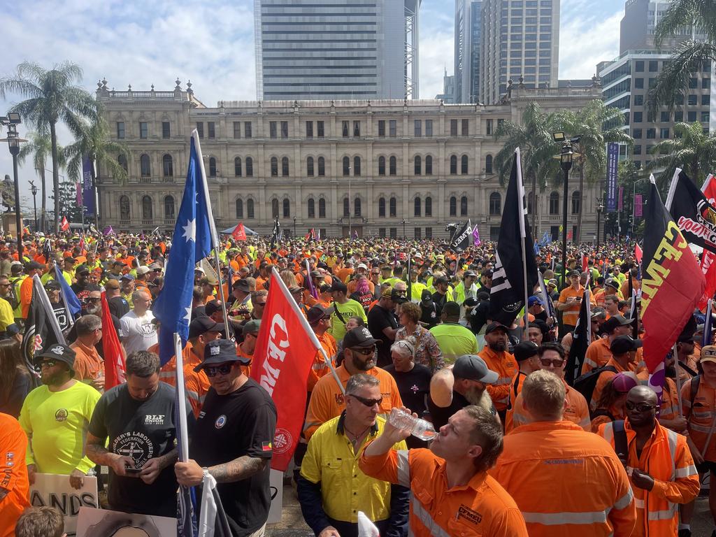 CFMEU protesters gather in Queens Square to protest the appointment of administrators by the federal government. Picture: Steve Pohlner