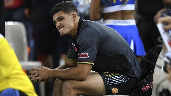 Nathan Cleary suffered a grade three medial ligament knee injury in Friday night’s loss to the Bulldogs. Photo: Dan Himbrechts