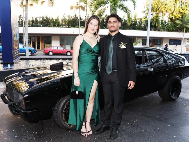 Mahalia Jones and Ferlyn Hunter arrive at the Mount St Bernard College senior formal evening, held at the Pullman Reef Hotel Casino. Picture: Brendan Radke