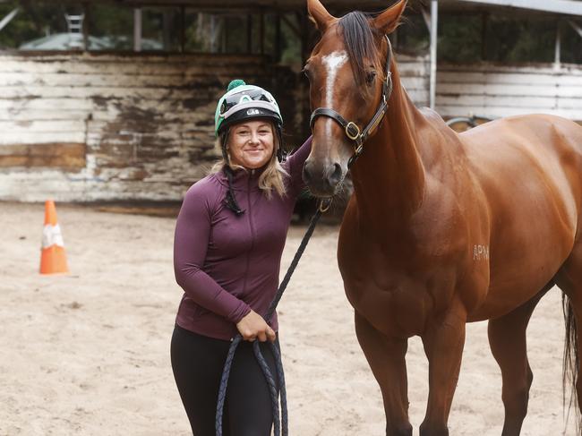 Tegan Keys track work rider with The Inevitable trained by John Keys that will run in the Thomas Lyons Stakes on Hobart Cup day 2025.  Picture: Nikki Davis-Jones