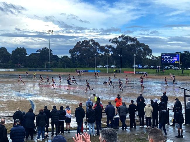 Wet weather. Sept 17, 2022: VAFA B-grade grand final, Uni Blacks v Haileybury, smashed by rain this afternoon. picture:  @UniBlacksFC / Twitter