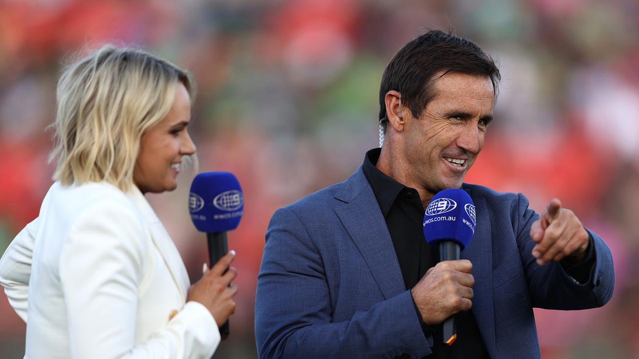 Channel Nine commentator and former player Andrew Johns and Emma Lawrence. Photo by Matt Blyth/Getty Images.