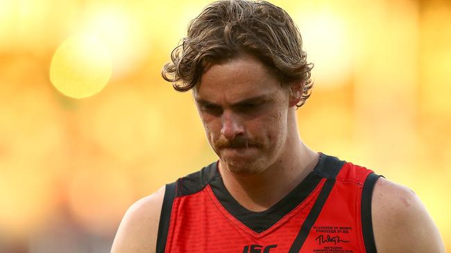 Joe Daniher leaves the ground after Essendon’s loss. Picture: Getty Images