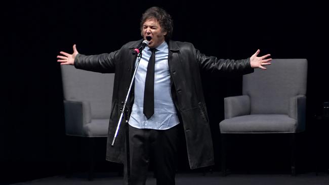 President Javier Milei belts out a tune at Luna Park, Buenos Aires. Picture: Getty Images