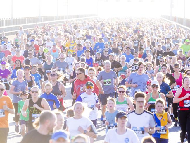 Run the Bridge Fun Run 2020 across Tasman Bridge. Picture: RICHARD JUPE