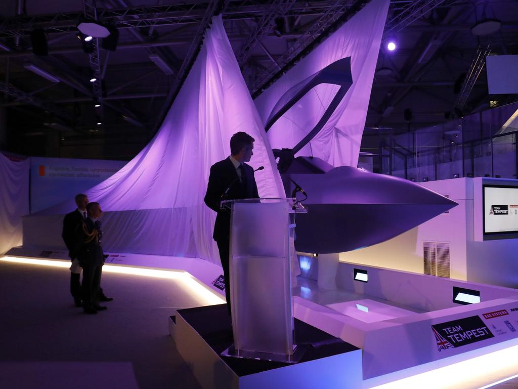 Britain's Defence Secretary Gavin Williamson speaks during the unveiling of a model of the Tempest, at the Farnborough Airshow, south west of London. Picture: AFP