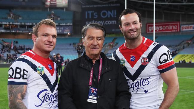 Jake Friend and Boyd Cordner with Nick Politis and the Sydney Roosters finish minor Premiers with the JJ Giltinan Shield during NRL match Sydney Roosters v Parramatta Eels at ANZ Stadium. Picture. Phil Hillyard