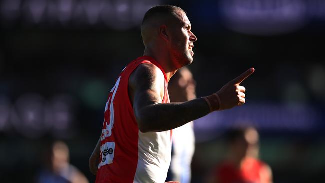 SYDNEY, AUSTRALIA - APRIL 09:  Lance Franklin of the Swans celebrates a goal during the round four AFL match between the Sydney Swans and the North Melbourne Kangaroos at Sydney Cricket Ground on April 09, 2022 in Sydney, Australia. (Photo by Matt King/AFL Photos/Getty Images)