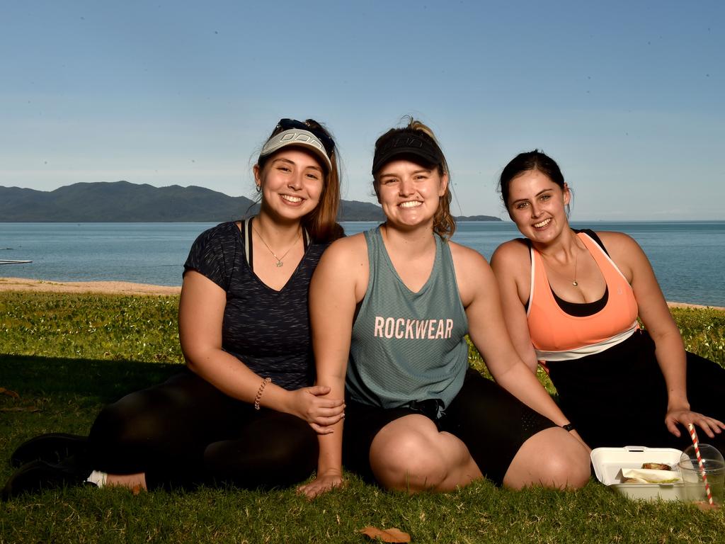 Townsville residents relaxing on the Strand after the relaxation of COVID-19 restrictions. Housemates Abigail Cousins, Sydnee Baskett and Renee Francis from Douglas. Picture: Evan Morgan