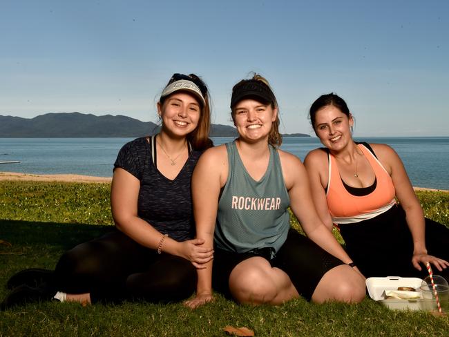 Townsville residents relaxing on the Strand after the relaxation of COVID-19 restrictions. Housemates Abigail Cousins, Sydnee Baskett and Renee Francis from Douglas. Picture: Evan Morgan