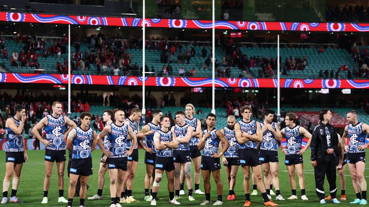 Blues players after the loss to the Swans. Picture: Matt King/AFL Photos