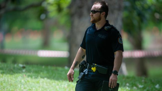 Police conduct their investigations near the scene of the incident in Jingili. Picture: Che Chorley