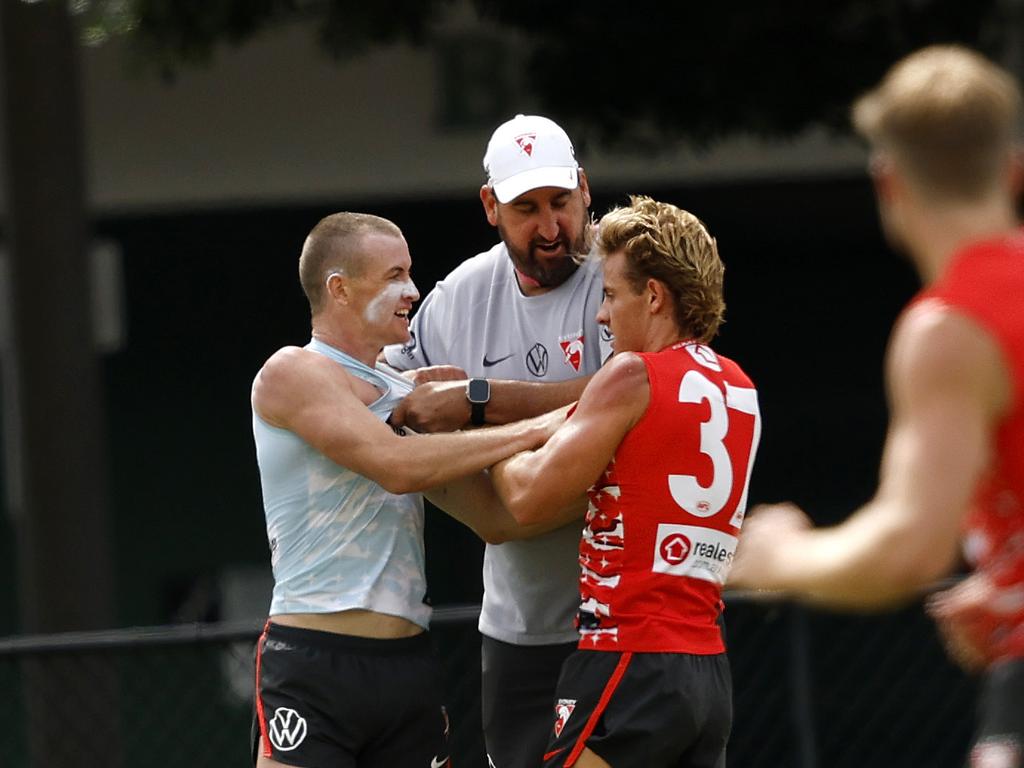 Chad Warner and his brother Corey Warner had to be separated by coach Dean Cox after Chad had put a big bump on his younger brother during the Sydney Swans match sim training session on January 24, 2025. Picture: Phil Hillyard