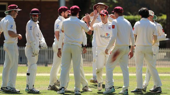 Matthew Wright of Gordon celebrates the wicket of Justin Avendano of the Bears during round 4 of the NSW Premier Grade cricket match between UTS North Sydney Bears and Gordon at Chatswood Oval on October 29, 2022 in Chatswood. (Photo by Jeremy Ng/Newscorp Australia)