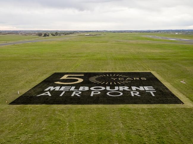 The completed 50-year anniversary logo from the air.