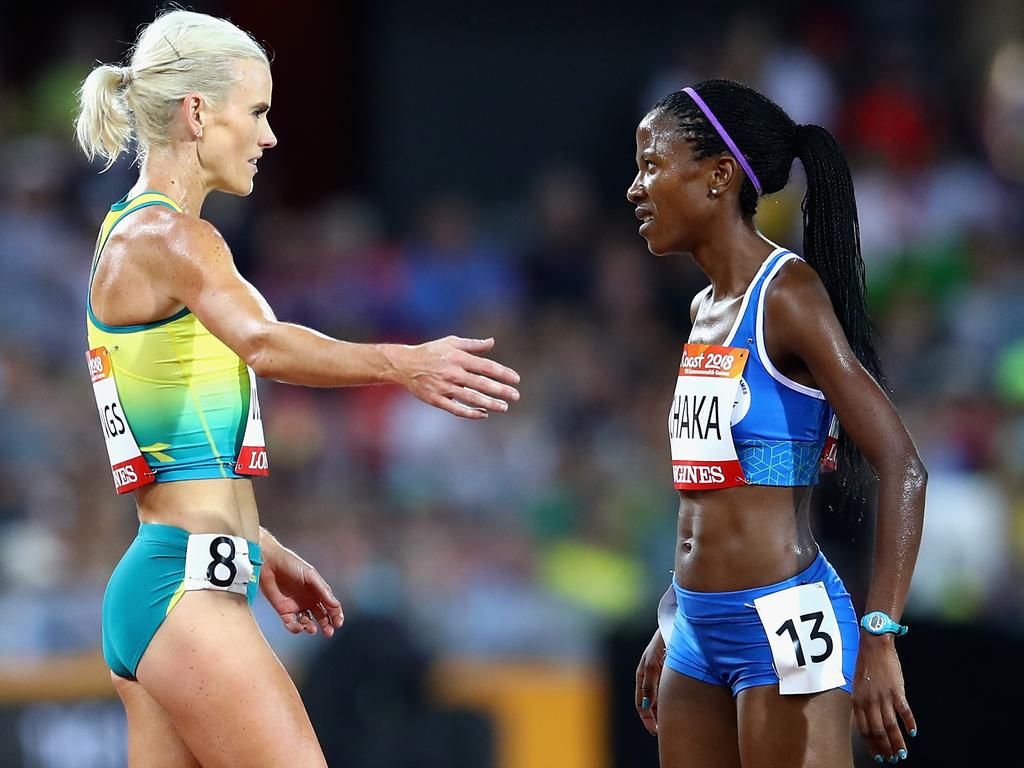 Eloise Wellings with Lineo Chaka of Lesotho at the 2018 Gold Coast Commonwealth Games. Picture: Mark Kolbe/Getty