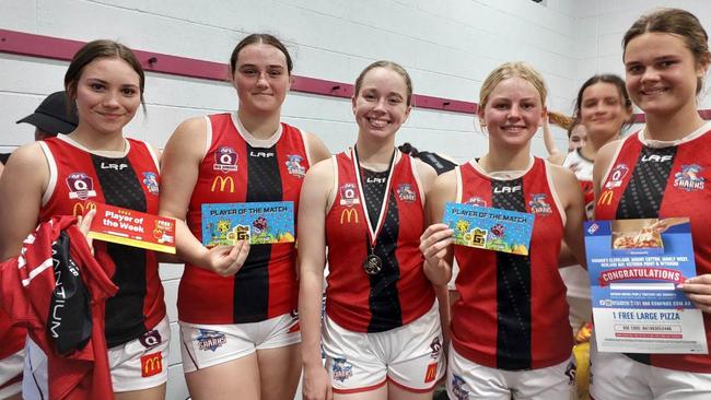 Victoria Point Sharks players Mia Tempest, Tiffany O'Keefe, Harriet Knijff, Annie Wallace and Clara Cooke.