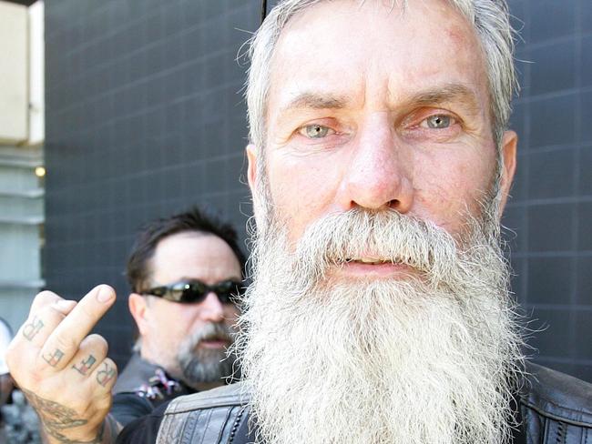 Bikies at Senate Hearing into organised crime at Brisbane Parliament house. President Rebels Brisbane Chapter John Parker.