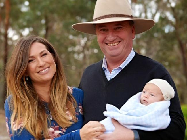 Mr Joyce’s partner Vikki Campion is heavily pregnant with the couple’s second child. They are pictured here with son Sebastian. Credit: Channel 7