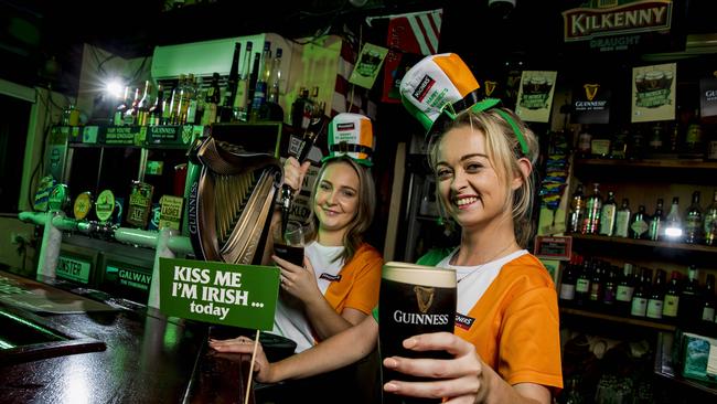 Gold Coast's famed Irish bar D'Arcy Arms in Surfers Paradise went all out for St. Patrick's Day. Bar staff, Chloe Mentane and Robyn Lewis. Picture: Jerad Williams