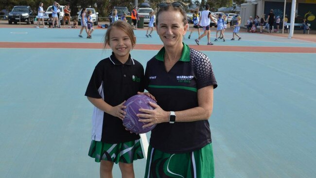 Astrid Aitken (right) has been involved with Whyalla netball for 40 years. Picture: Supplied