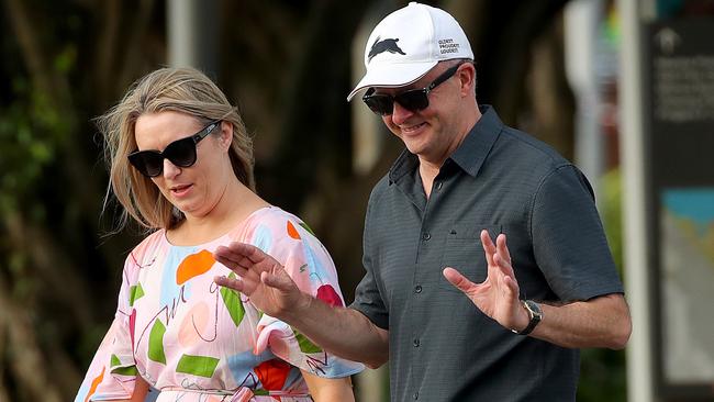 Labor leader Anthony Albanese enjoys an afternoon walk with partner Jodie Haydon along the Esplanade in Cairns, Queensland after a day of campaigning during the federal election campaign. Picture: Toby Zerna