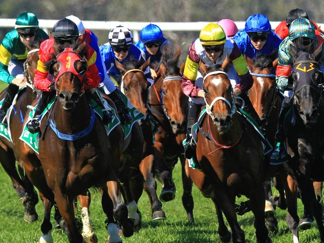 Loving home ridden by Tye Angland  (yellow cap, maroon with yellow armbands) wins race 1 during Scone  Races located in the Upper Hunter Region of NSW. The Bend . Pic Jenny Evans