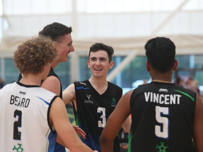 AVSC 2023 ,Australian Volleyball Schools Cup, first day of play at Carrara. Heathfield (light Blue) v Lake Ginninderra College. Picture Glenn Hampson