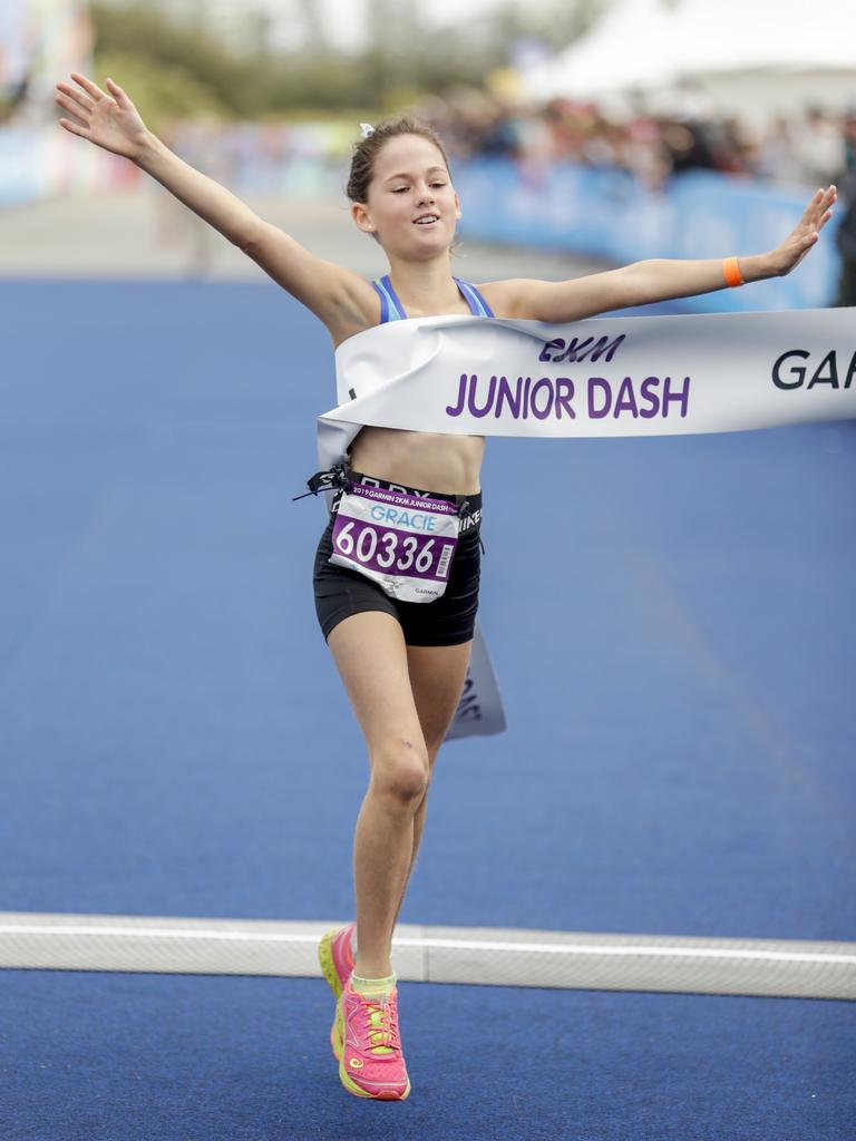 Grace Campbell is the first girl to finish the Two Kilometre Junior Dash. Picture: Tim Marsden.