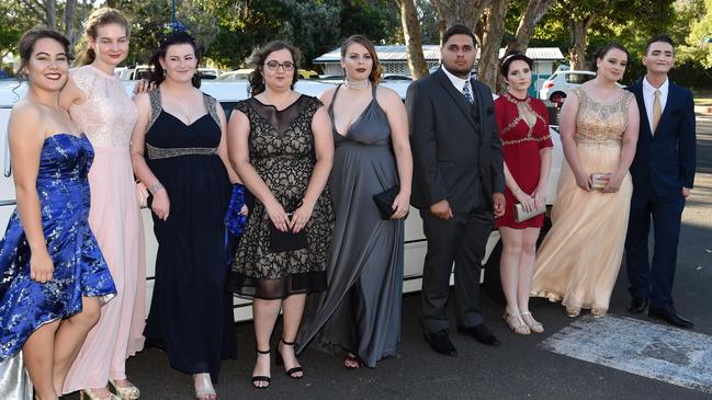 Hervey Bay High formal at the Waterfront - (L) Lauren Chan, Annalise Kimber, Hayley Warren, Emily Taylor, Kaylee Godfrey, Lachlan Richards, Brooke Fulton, Rachel Adams and Jace Heilig arrive in a stretch limo.