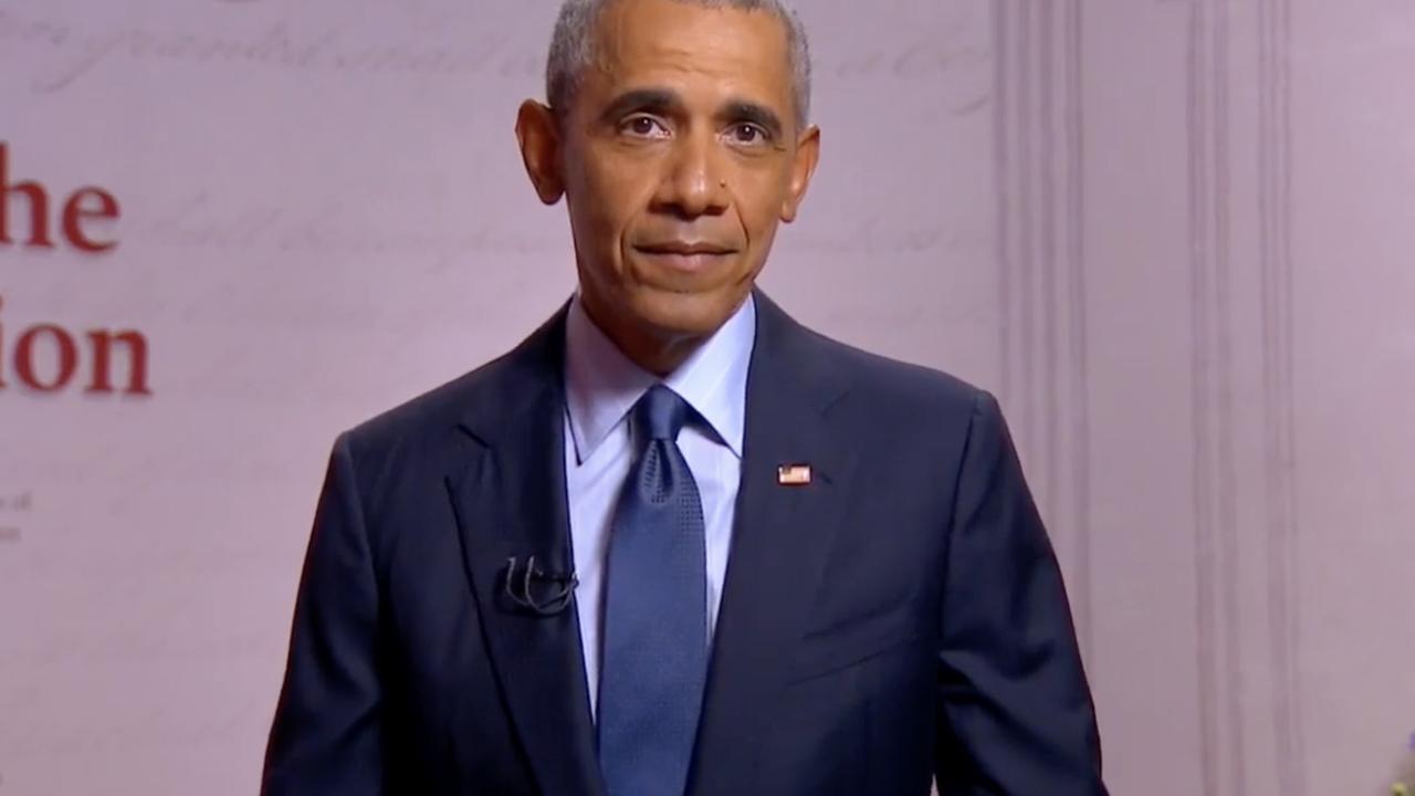 Mr Obama speaking today. Thankfully, without a crowd. Picture: DNC/AFP