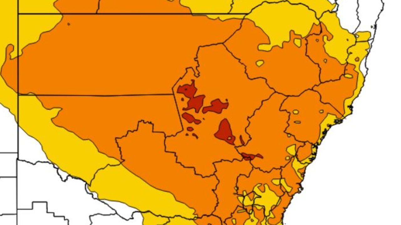 By Friday, spots of extreme heatwave conditions develop, indicated in red, while the severe heatwave, indicated in orange, moves towards the coast. Picture: Bureau of Meteorology