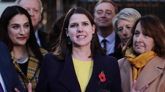 Leader of the Liberal Democrats, Jo Swinson, gathered her party of MPs outside the Houses of Parliament ahead of the start of campaigning for the General Election. Picture: Getty Images.