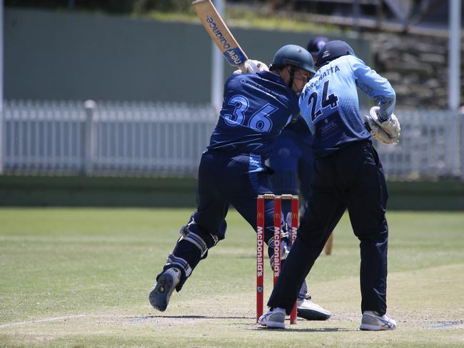 Matthew Melville batting for Manly, Charlie Akle with the gloves for Parra. Picture: Warren Gannon Photography