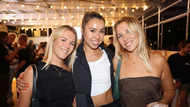 Tru Starling, Jesse Starling and Tiff Soekirno at the WSL Gold Coast Pro 2025 after party at Burleigh Pavilion for Gold Coast at Large. Picture, Portia Large.