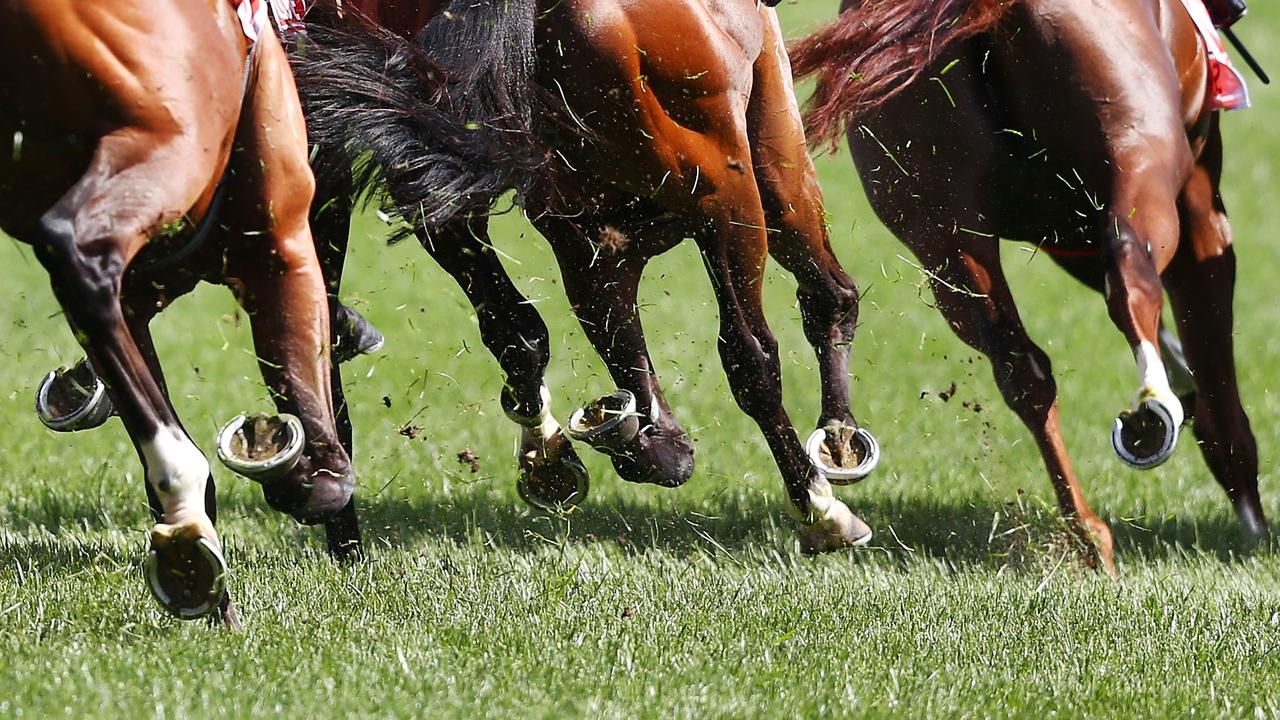 Horses race around the first bend at Flemington on Derby Day. (Photo by Michael Dodge/Getty Images)